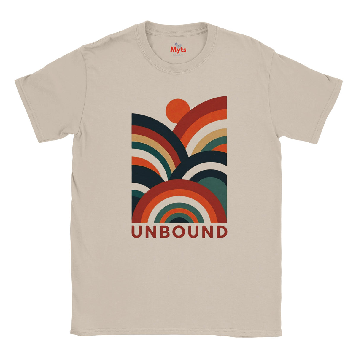 A Natural crewneck t-shirt featuring a retro 70s-style graphic with concentric rainbow arches and a sun, with the word 'UNBOUND' printed below in red. The brand name 'Myts' is visible on the inner neck label.