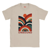 A Natural crewneck t-shirt featuring a retro 70s-style graphic with concentric rainbow arches and a sun, with the word 'UNBOUND' printed below in red. The brand name 'Myts' is visible on the inner neck label.