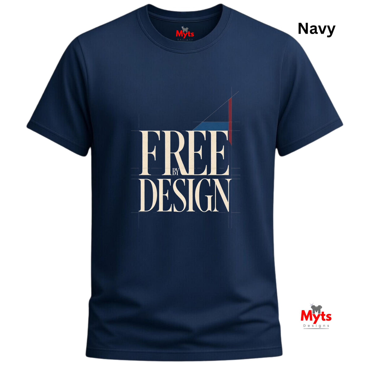 A navy blue short-sleeve t-shirt with a graphic print on the front reading 'FREE IN DESIGN' in cream and white, accented with thin red and blue geometric lines. The brand name 'Myts' is visible on the inner neck label and as a watermark logo in the bottom right corner.
