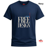 A navy blue short-sleeve t-shirt with a graphic print on the front reading 'FREE IN DESIGN' in cream and white, accented with thin red and blue geometric lines. The brand name 'Myts' is visible on the inner neck label and as a watermark logo in the bottom right corner.