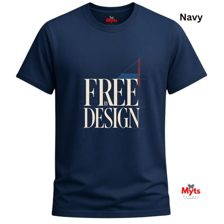 A navy blue short-sleeve t-shirt with a graphic print on the front reading 'FREE IN DESIGN' in cream and white, accented with thin red and blue geometric lines. The brand name 'Myts' is visible on the inner neck label and as a watermark logo in the bottom right corner.