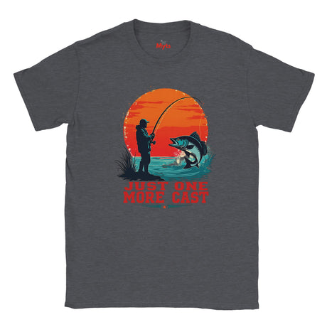 Dark Heather t-shirt with a fishing graphic and 'Just One More Cast' text on a white background