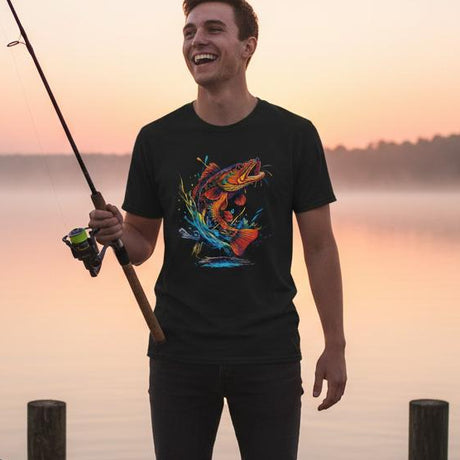 Man standing on a dock holding a fishing rod with a sunset in the background
