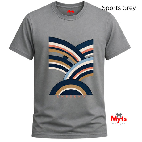 A grey short-sleeve crewneck t-shirt featuring a retro multi-colored striped wave graphic on the front with the word 'UNBOUND' printed below it. The brand name 'Myts' is visible on the inner neck label and as a watermark logo in the bottom right corner.