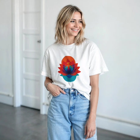 Woman wearing a white t-shirt with a colorful flower design in a minimal indoor setting