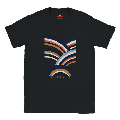 A black short-sleeve t-shirt with a retro multi-colored striped graphic on the chest, featuring the word 'UNBOUND' printed below the design. The inner collar shows the 'Mints Minus' brand logo.