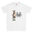White funny gym graphic T-shirt featuring smiling donkey in floral shorts and Fitness Level Still Trying wording.