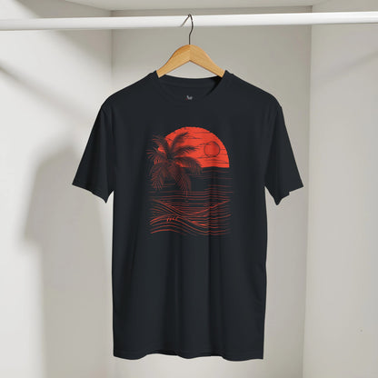 Black t-shirt with red palm tree design on a hanger against a white wall