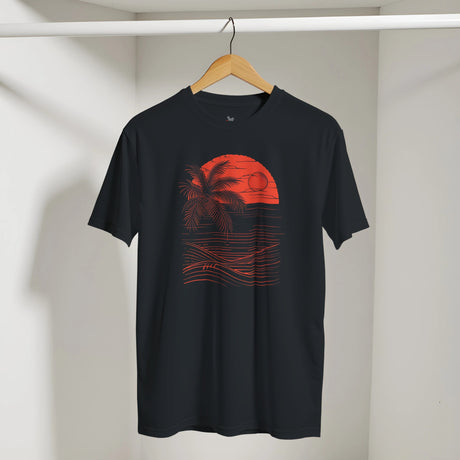 Black t-shirt with red palm tree design on a hanger against a white wall