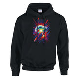 Black hoodie with a colorful abstract design on a white background