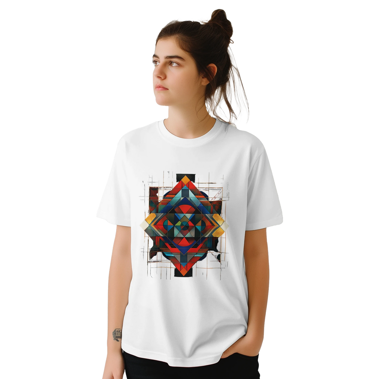 White unisex T-shirt featuring an intricate symmetrical geometric pattern in vibrant blues, oranges, reds, and metallic tones, tribal and modern art fusion design by MytsDesigns.com