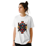 White unisex T-shirt featuring an intricate symmetrical geometric pattern in vibrant blues, oranges, reds, and metallic tones, tribal and modern art fusion design by MytsDesigns.com