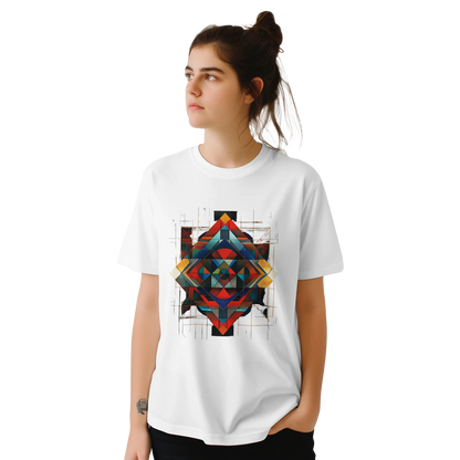 White unisex T-shirt featuring an intricate symmetrical geometric pattern in vibrant blues, oranges, reds, and metallic tones, tribal and modern art fusion design by MytsDesigns.com