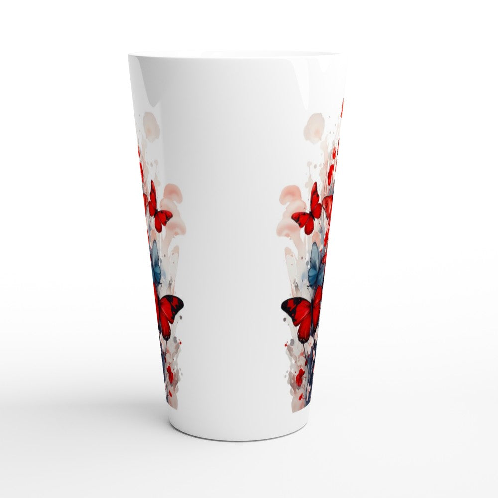 A white tapered print glass featuring a vertical watercolor-style butterfly print in red, blue, and beige tones, shown on a clean white background.