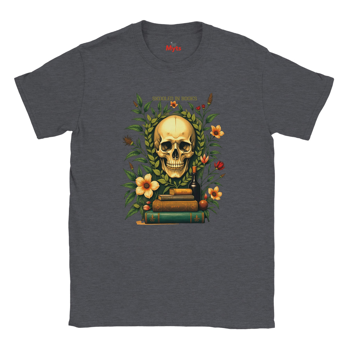 Dark gray t-shirt with a skull and books design on a white background