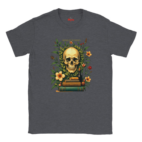 Dark gray t-shirt with a skull and books design on a white background