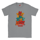 A flat lay sports grey T-shirt featuring a vibrant graphic of cartoon puppies stacked in red, orange, blue, and yellow hues, with the playful text “WOOF!” below the design.