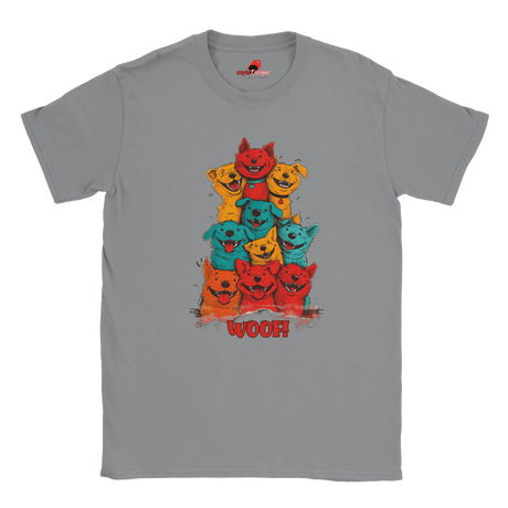 A flat lay sports grey T-shirt featuring a vibrant graphic of cartoon puppies stacked in red, orange, blue, and yellow hues, with the playful text “WOOF!” below the design.