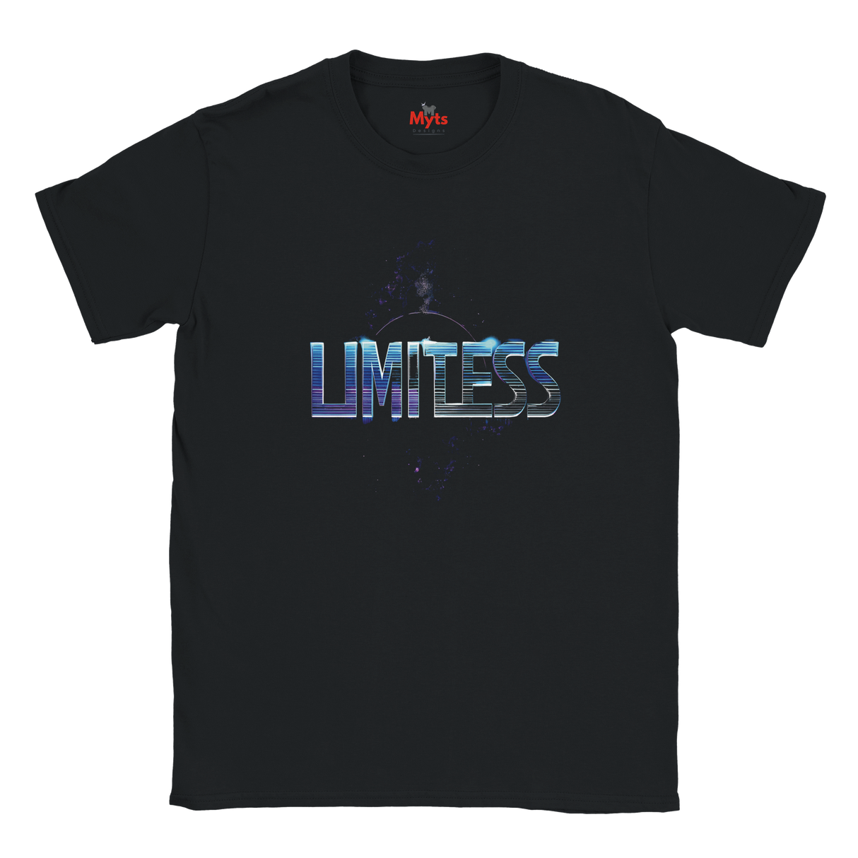 Black t-shirt with 'Limitless' graphic design on a white background
