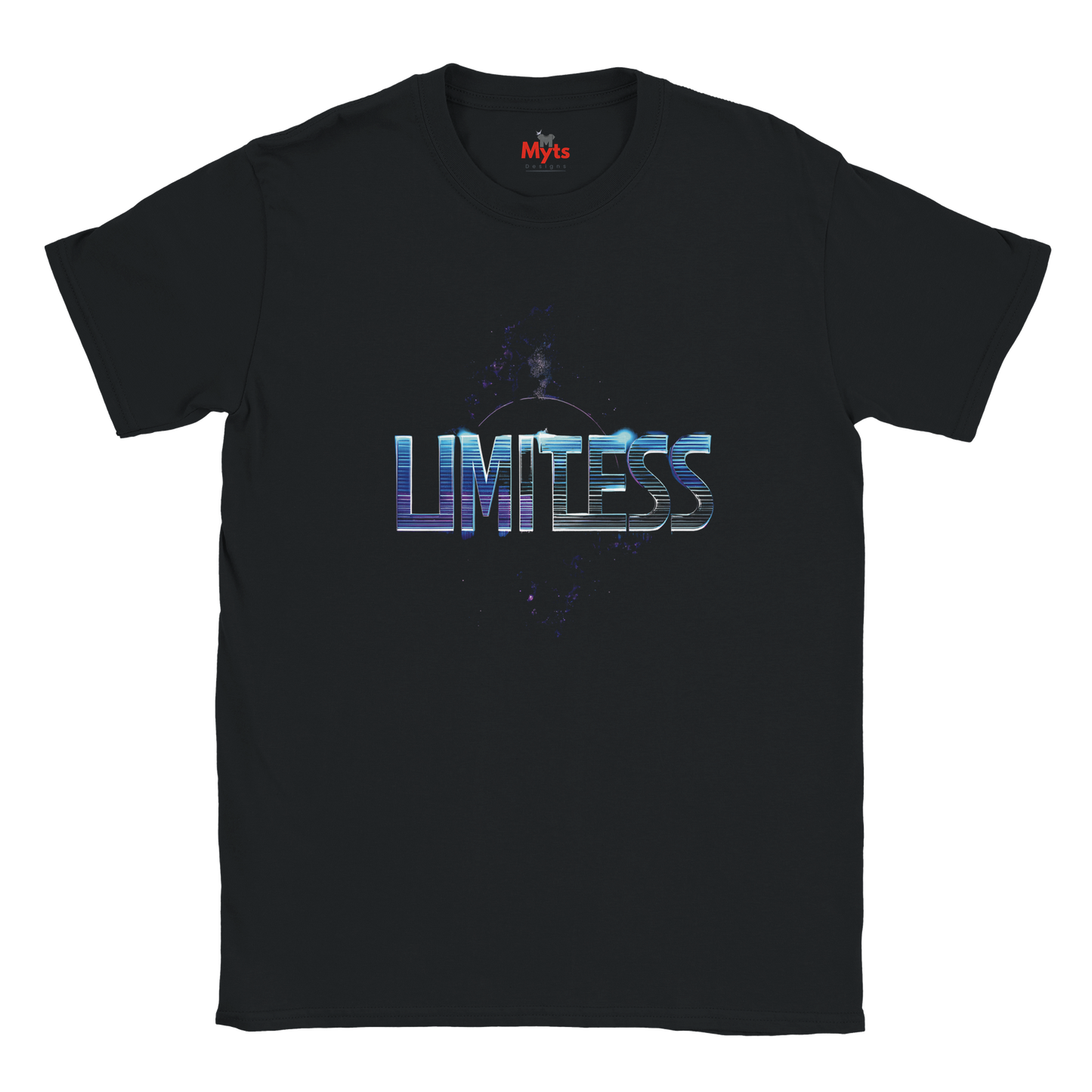 Black t-shirt with 'Limitless' graphic design on a white background