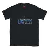 Black t-shirt with 'Limitless' graphic design on a white background
