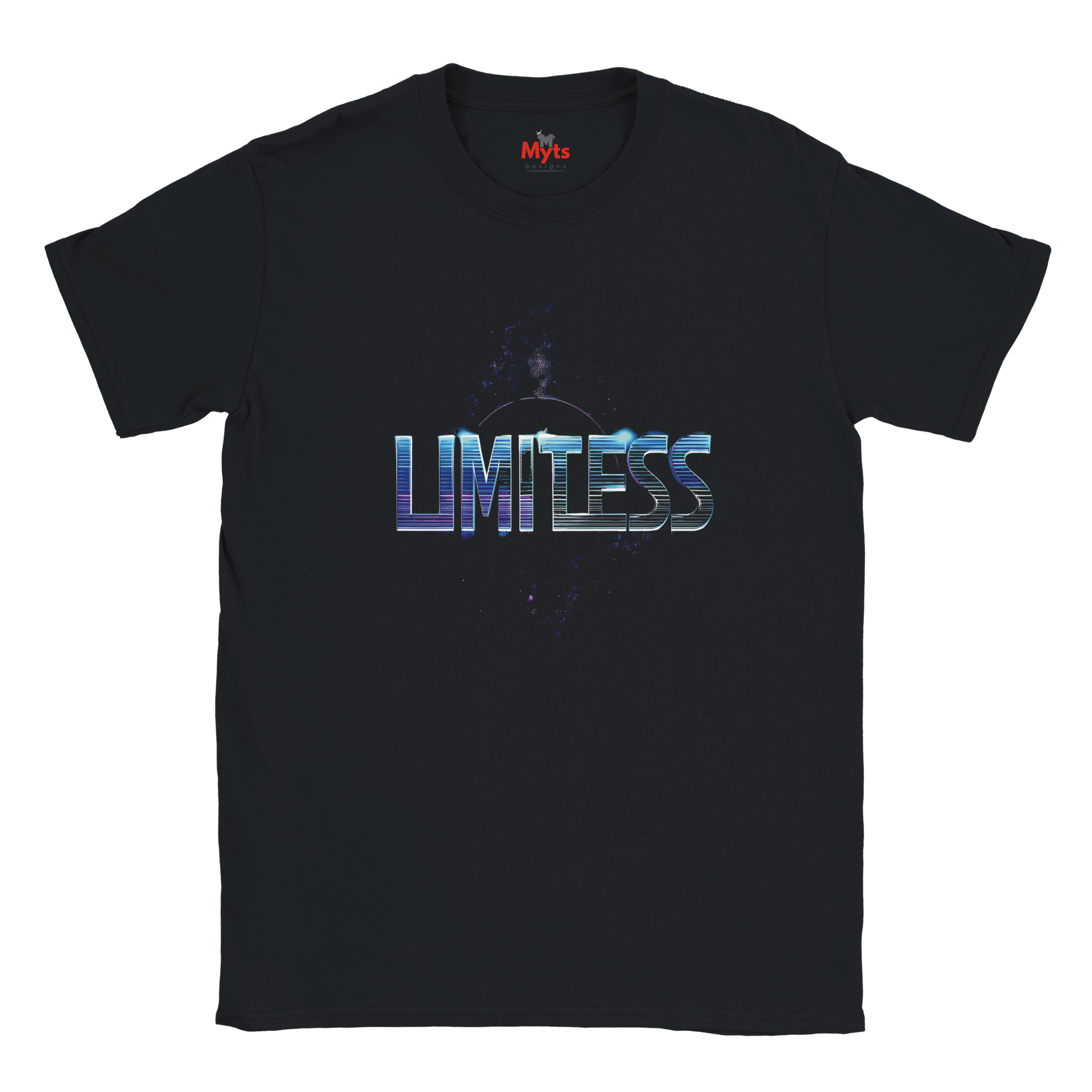Black t-shirt with 'Limitless' graphic design on a white background