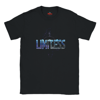 Black t-shirt with 'Limitless' graphic design on a white background