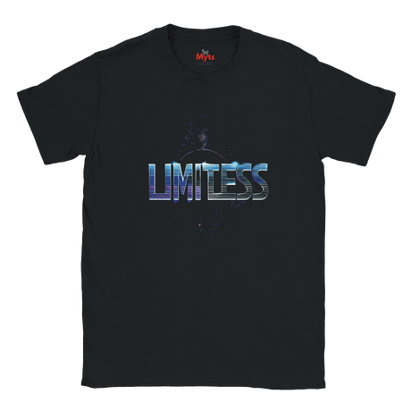 Black t-shirt with 'Limitless' graphic design on a white background