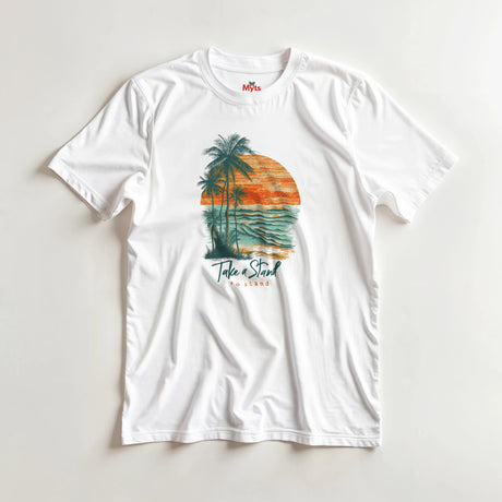 White t-shirt with a tropical design and 'Take a Stand' text on a light gray background