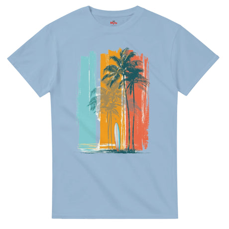 Light blue t-shirt with a tropical design featuring palm trees and a surfboard on a white background.