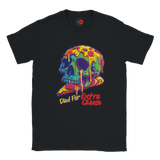 Black t-shirt with a colorful skull design and 'Died for Extra Cheese' text on a white background