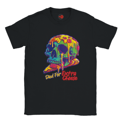 Black t-shirt with a colorful skull design and 'Died for Extra Cheese' text on a white background