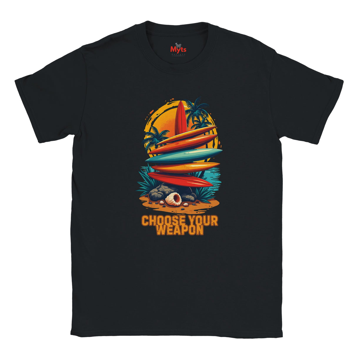 Black t-shirt with a colorful graphic design featuring surfboards and palm trees, and the text 'Choose Your Weapon' on a white background.