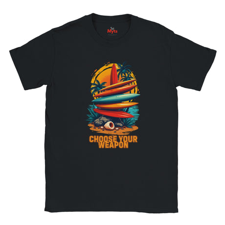 Black t-shirt with a colorful graphic design featuring surfboards and palm trees, and the text 'Choose Your Weapon' on a white background.