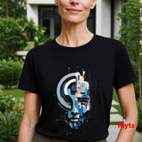 A woman wearing a black short-sleeve crewneck t-shirt with a blue and white geometric face graphic on the front, set against a blurred outdoor garden background.