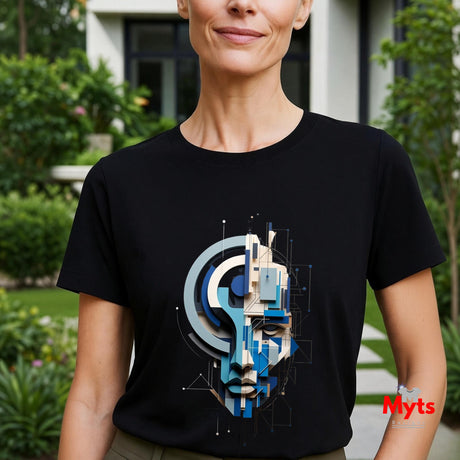 A woman wearing a black short-sleeve crewneck t-shirt with a blue and white geometric face graphic on the front, set against a blurred outdoor garden background.