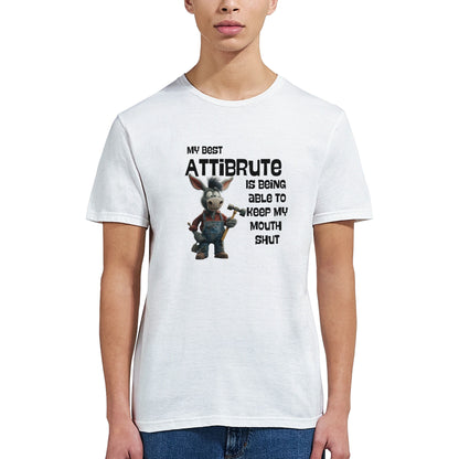 Young woman wearing a white coloured  funny donkey shirt – humorous design for animal lovers and sarcastic personalities