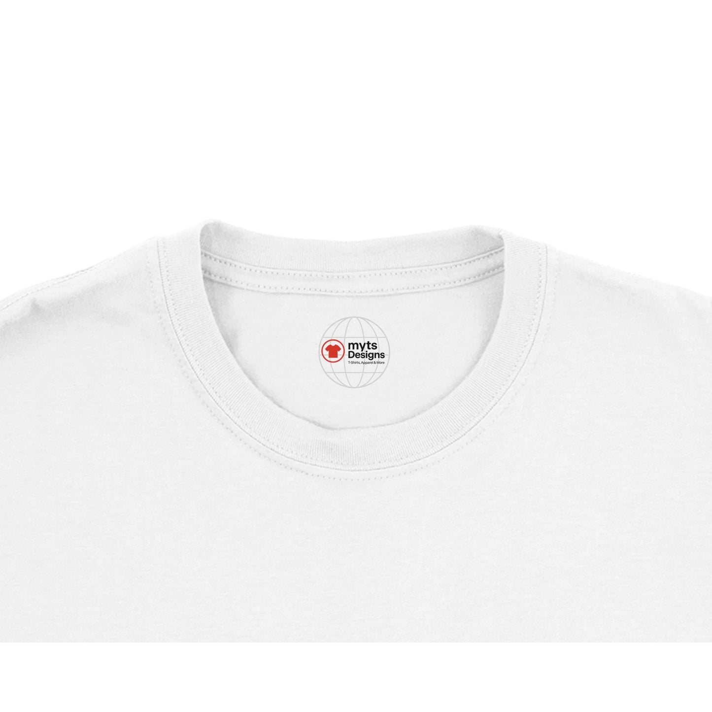 White t-shirt with a brand logo on the collar against a white background