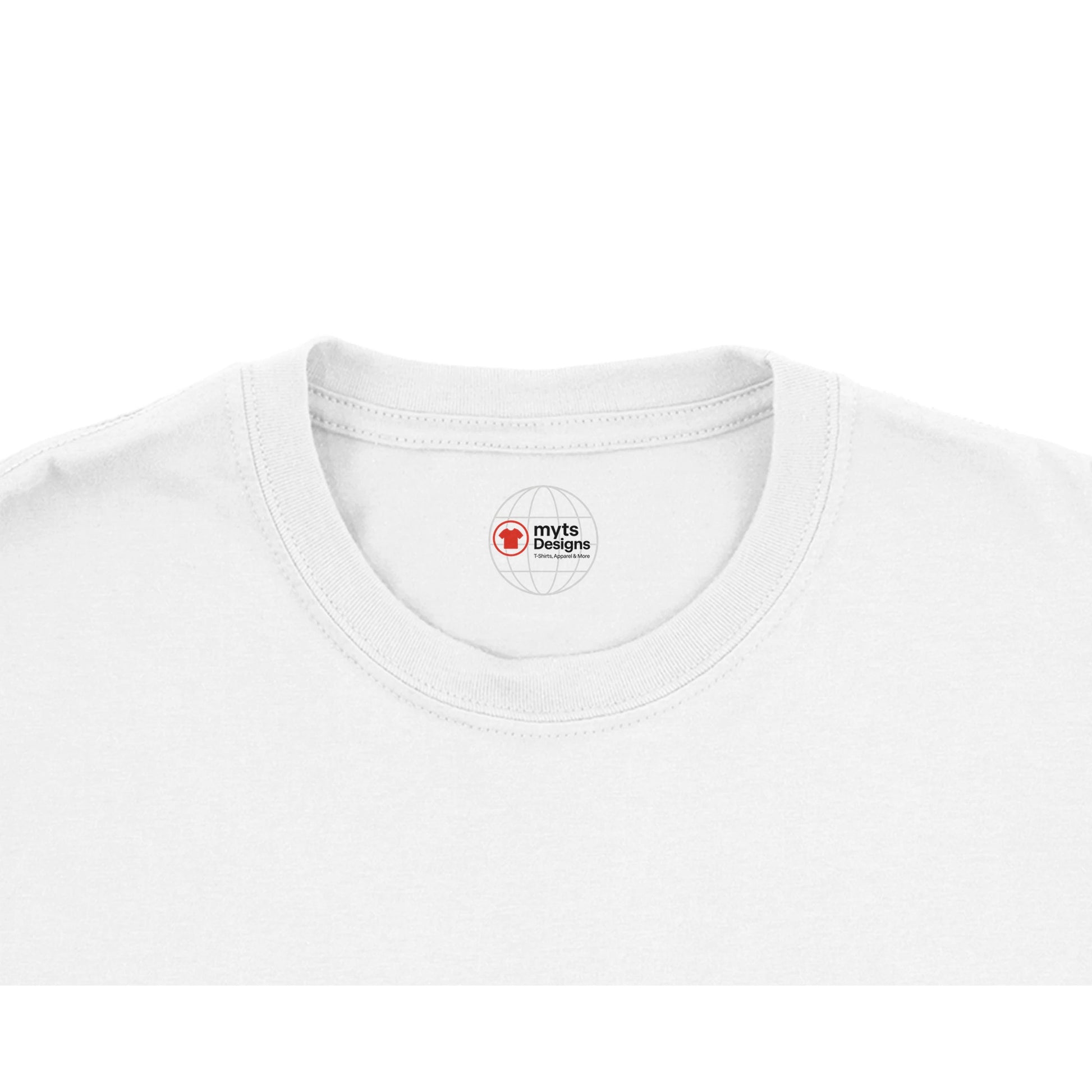White t-shirt with a brand logo on the collar against a white background