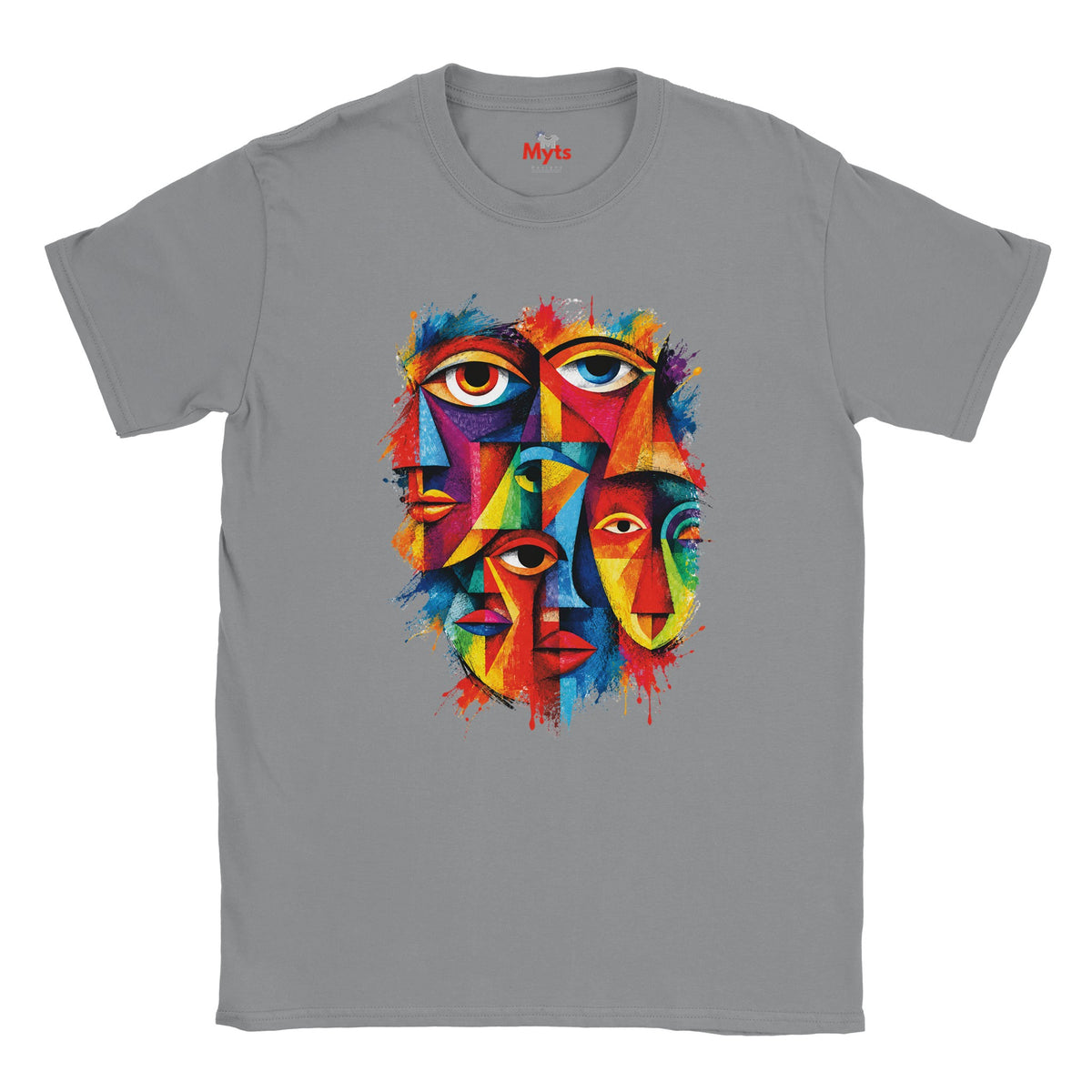 A gray short-sleeve crewneck t-shirt featuring a colorful graphic print of multiple stylized faces with eyes, rendered in a vibrant watercolor or paint-splatter style. The brand name 'Myts' is printed inside the collar.