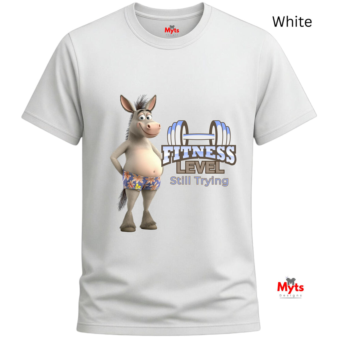 White funny gym graphic T-shirt featuring a smiling donkey in floral shorts and Fitness Level Still Trying wording.