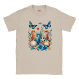 A Natural crewneck t-shirt featuring a colorful graphic print of an underwater scene with seahorses, starfish, flowers, and butterflies. The brand name 'Myts' is printed inside the collar.