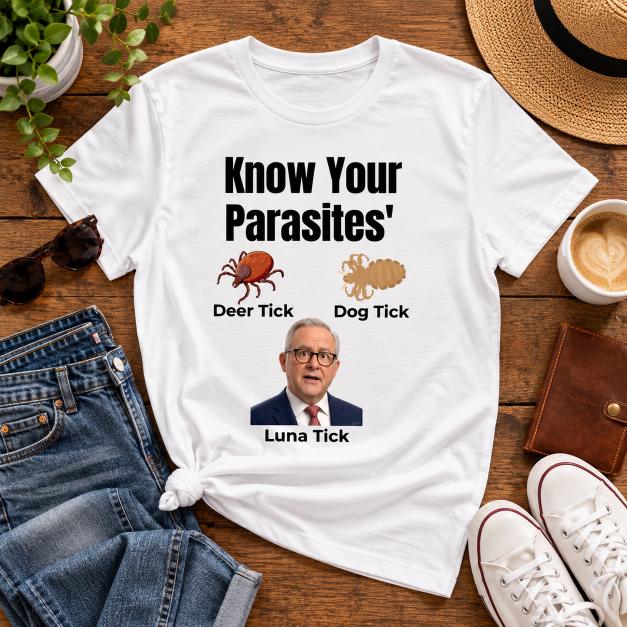 White Know Your Parasites T-shirt displayed flat on a wooden surface with jeans, trainers, hat and coffee.