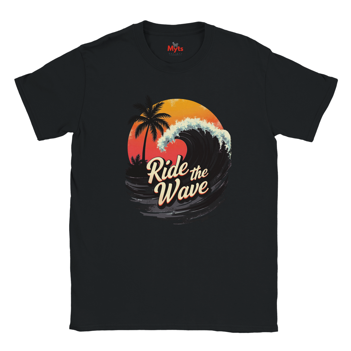 Black t-shirt with 'Ride the Wave' graphic design featuring a sunset and palm trees on a white background.