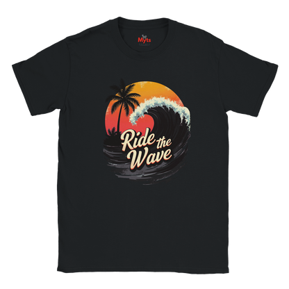 Black t-shirt with 'Ride the Wave' graphic design featuring a sunset and palm trees on a white background.