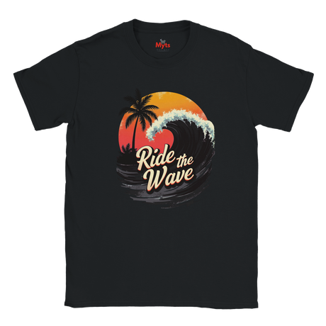 Black t-shirt with 'Ride the Wave' graphic design featuring a sunset and palm trees on a white background.