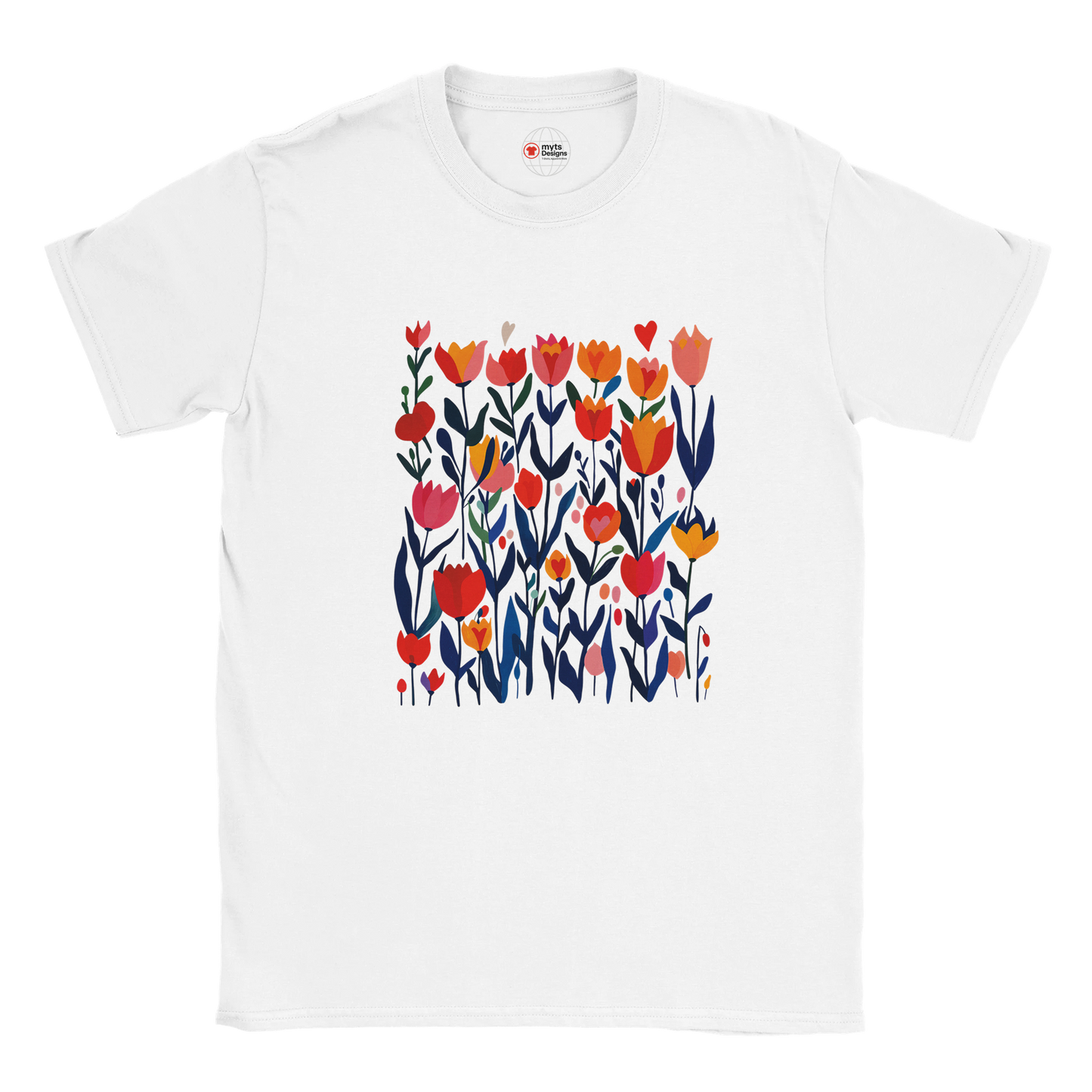 White t-shirt with colorful floral design on a white background