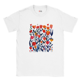 White t-shirt with colorful floral design on a white background