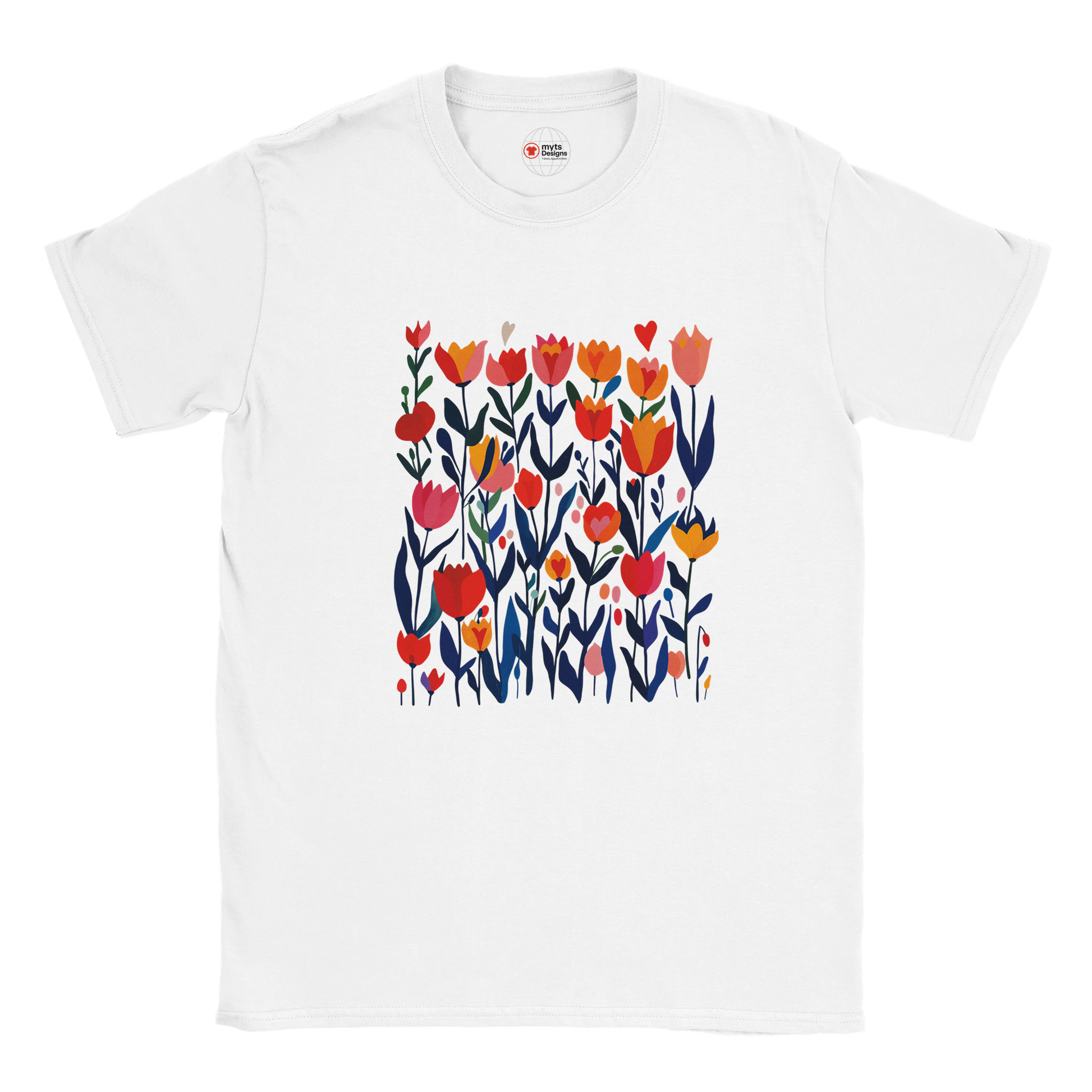 White t-shirt with colorful floral design on a white background