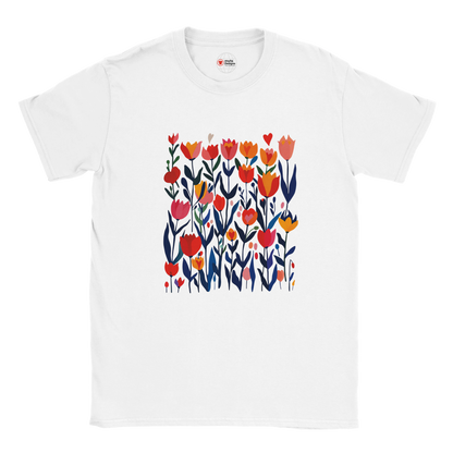 White t-shirt with colorful floral design on a white background